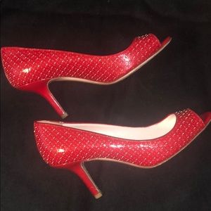 Miu Miu red metal studs peep toe kitten low heels